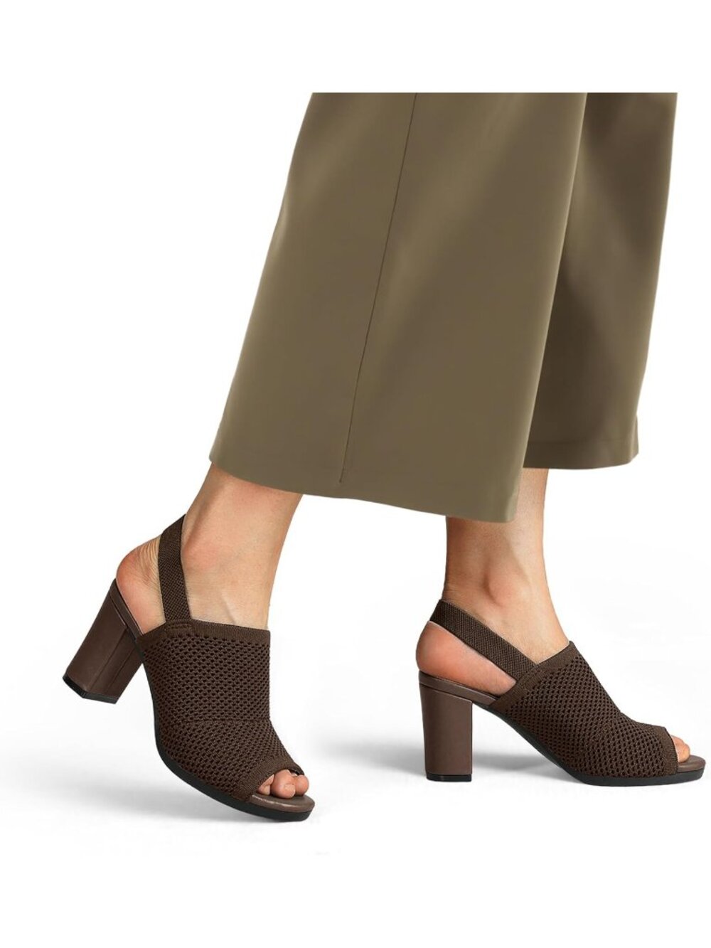Women's Brown 3 Inch Knit Chunky Block High Heels Elastic Slingback Open Toe - Picture 5 of 5
